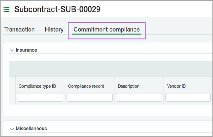 Commitment compliance tab