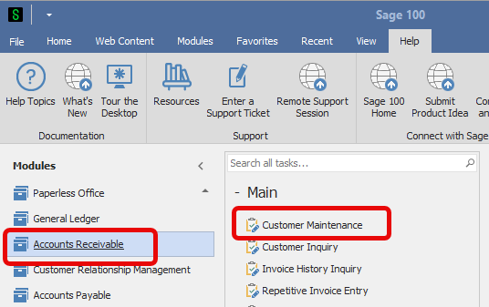Accounts Receivable > Main > Customer Maintenance