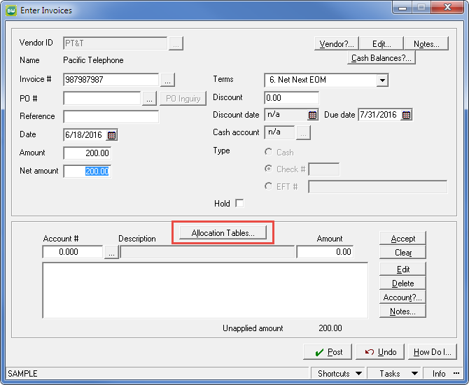 Allocation Tables in Sage BusinessWorks-create AP Invoice