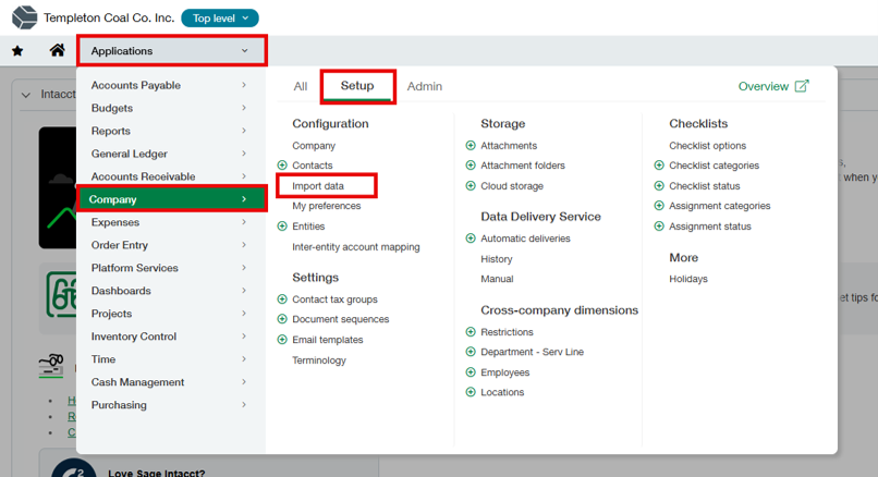 Applications > Company > Setup > Import Data Applications > Company > Setup > Import Data