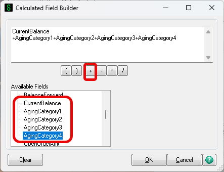 Calculated Field Builder - + button - Available Fields