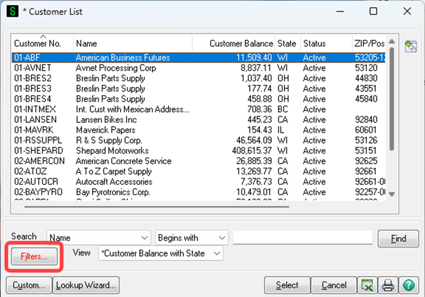 Customer List Screen - Filters