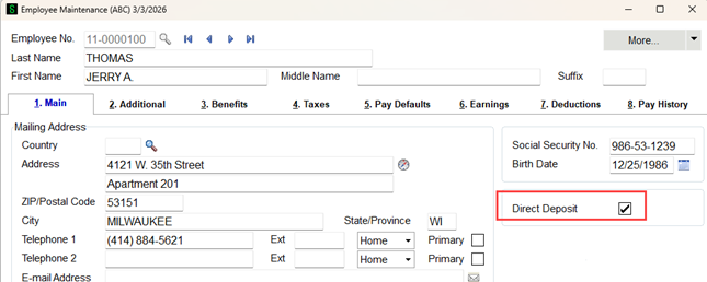 Employee Maintenance Screen - Direct Deposit checkbox Employee Maintenance Screen - Direct Deposit checkbox