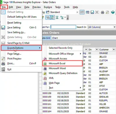 File > Export Options > Microsoft Excel