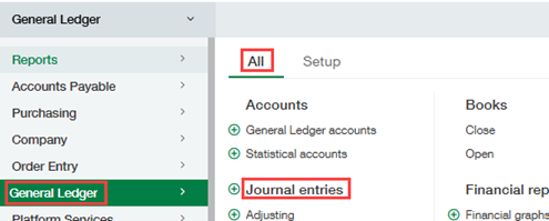 General Ledger > All > Journal Entries > Add