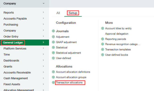 General Ledger > Setup > Transaction allocations