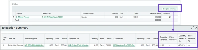 Exception Summary screen