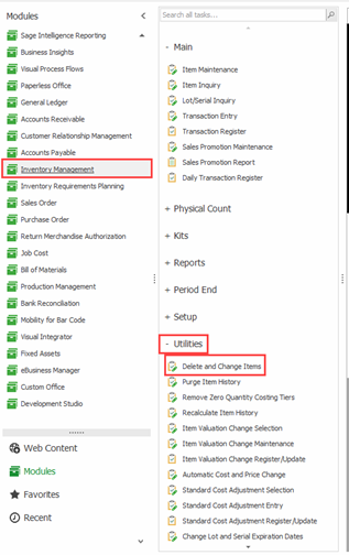 Inventory Management > Utilities > Delete and Change Items