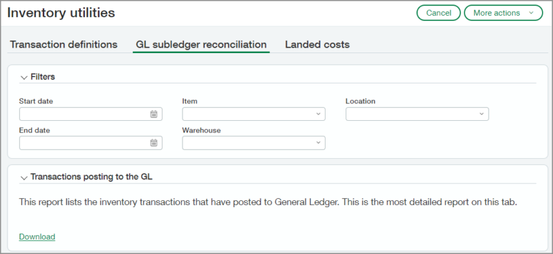 Inventory Utilities - GL subledger reconciliation tab