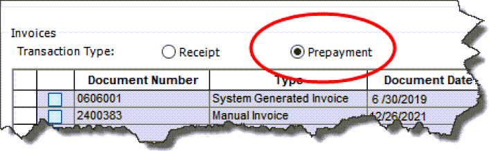 Invoices - Prepayment button
