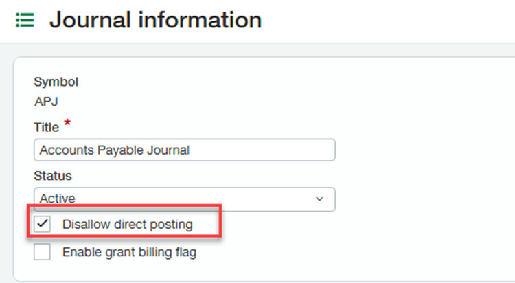 Journal Information Screen - Disallow Direct Posting box located under Status Journal Information Screen - Disallow Direct Posting box located under Status