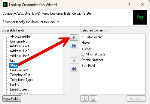 Lookup Customization Wizard Screen - Available Fields, Arrow, Selected Columns