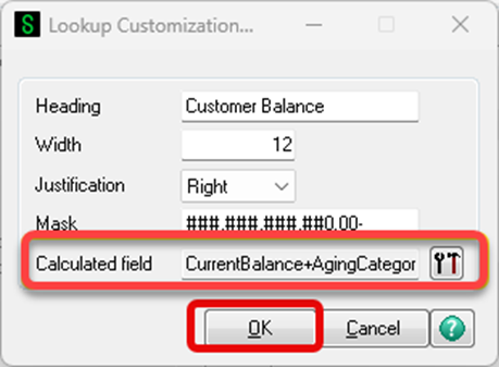 Lookup Customization Wizard Screen - Calculated Field - OK