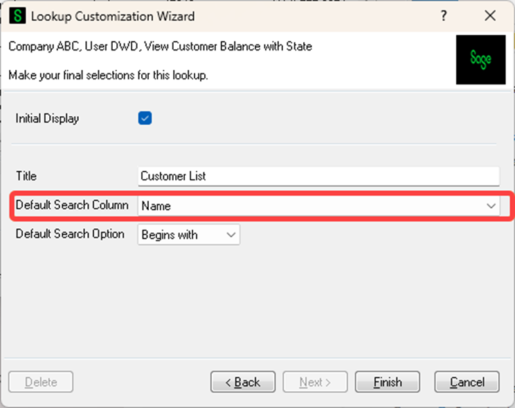 Lookup Customization Wizard Screen - Default Search Column