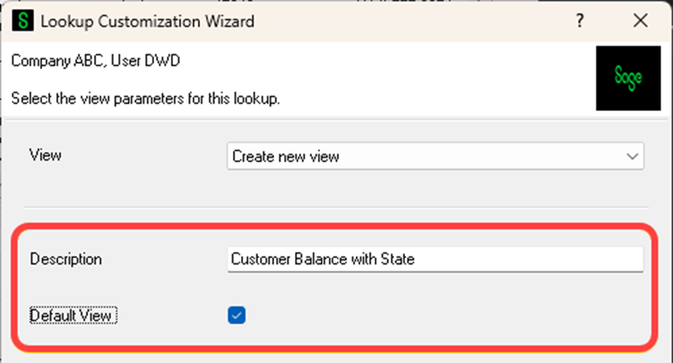 Lookup Customization Wizard Screen - Description and Default View button