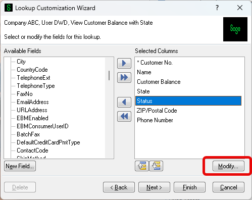 Lookup Customization Wizard Screen - Modify button