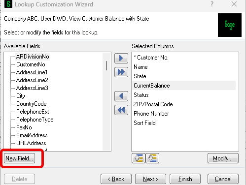 Lookup Customization Wizard Screen - New Field