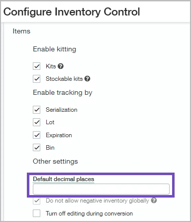 Configure Inventory Control screen - Default decimal places
