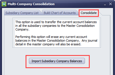 Multi-Company Consolidation - Consolidate Tab - Import Subsidiary Company Balances