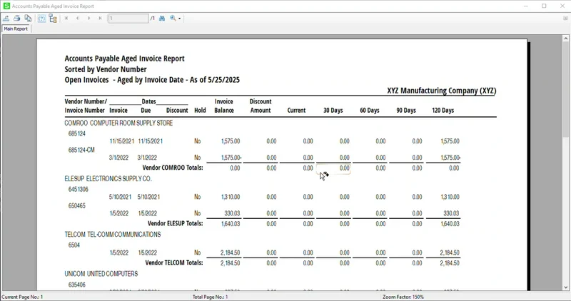 Accounts Payable Aged Invoice Report Sorted by Vendor Number