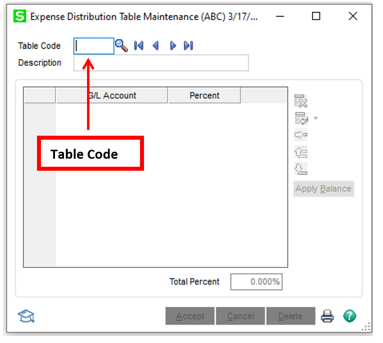 Expense Distribution Table Maintenance Table Code Field