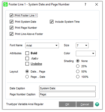 Example of the Sage 100 System Date and Page Number window