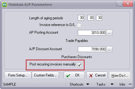 Go to AP > Utilities > Maintain A/P Parameters to change the setting to “Post recurring invoices manually”