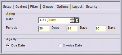 Options tab of report > aging date to 11/1/09 > run by Due Date