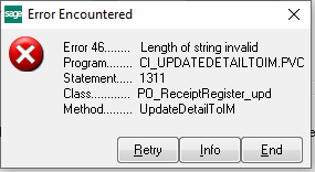Screenshot of the Sage 100 error message