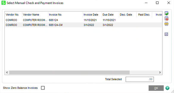 “Select invoices” button to view all open invoices for this vendor