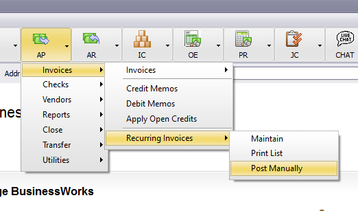 Accounts Payable > Invoices > Recurring Invoices > Post Manually