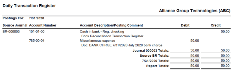 Posting a Transaction from Bank Rec to GL in S100 Daily Transaction Register