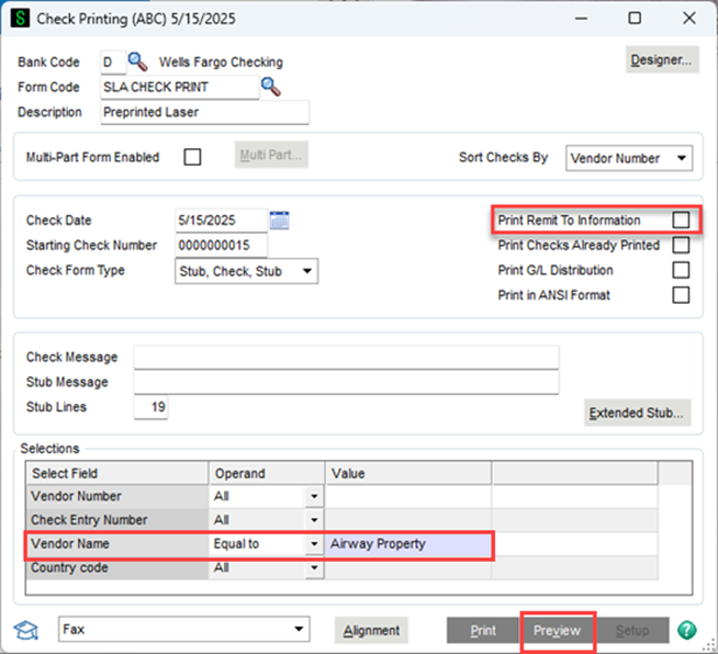 Check Print Remit to Information > Enter the Vendor Name > click Preview
