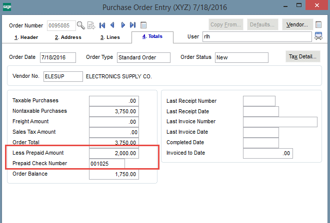 Processing Prepayments on a Purchase Order in Sage 100 - PO Entry Totals Tab