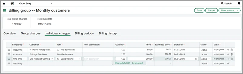 Billing Group Monthly Customers screen