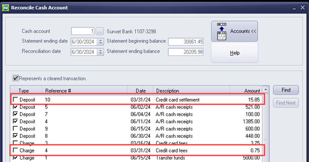Reconcile Cash Accounts screen