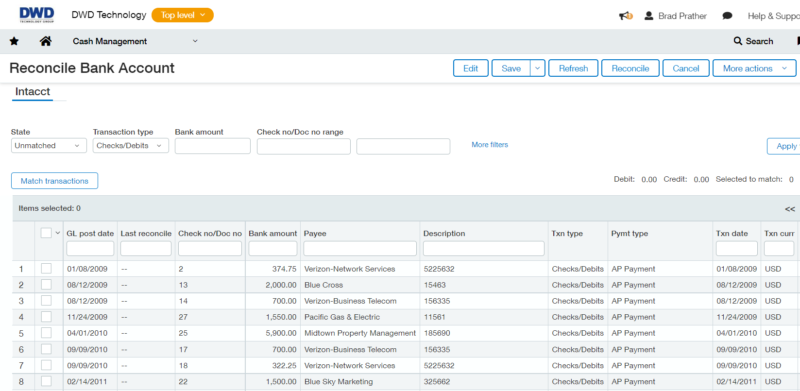 Reconcile bank account in Sage Intacct