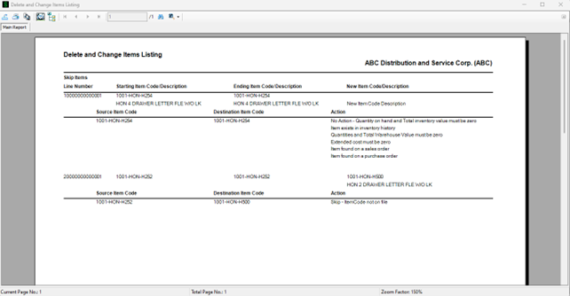 Sage 100 Delete and Change Item Listing - Report