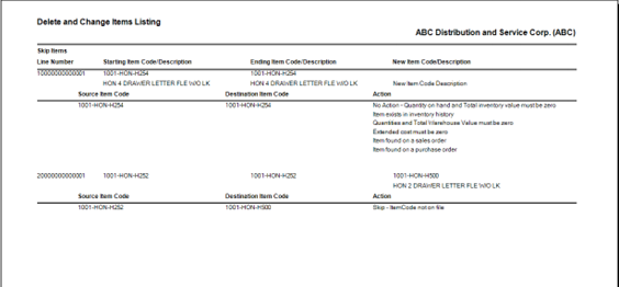 Sage 100 Delete and change items listing - Change report