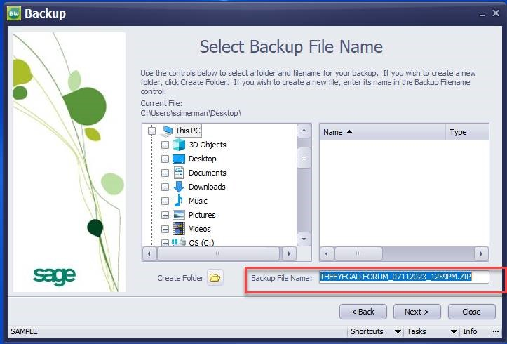 Select Backup File Name Window