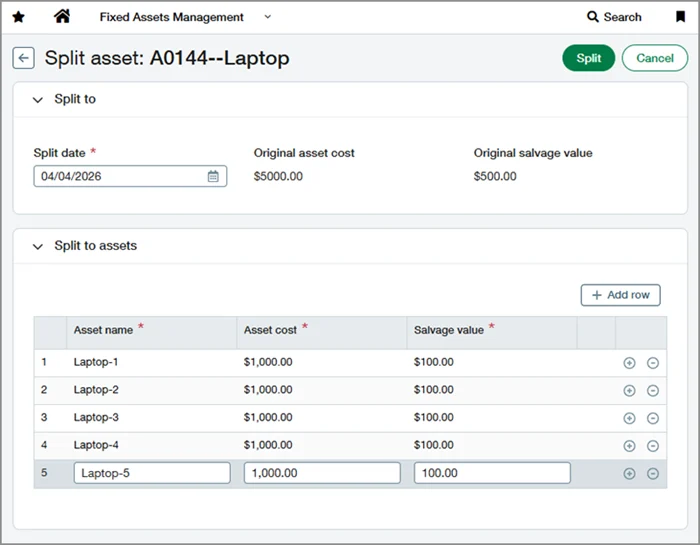 Split Asset screen