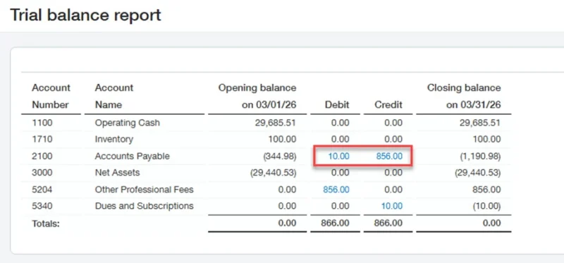 Trial Balance Report Screen - Accounts Payable Debit and Credit Trial Balance Report Screen - Accounts Payable Debit and Credit