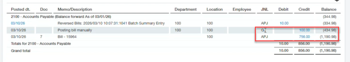 Trial Balance Report Screen - Accounts Payable Drilldown for Debit and Credit Trial Balance Report Screen - Accounts Payable Drilldown for Debit and Credit