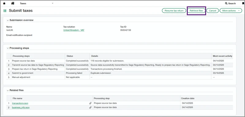 Submit Taxes screen