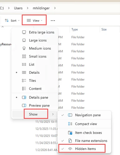 In Windows User Folder - View drop down > Show > Hidden Items