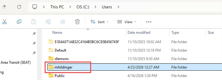 Windows User Folder in the Users Folder in the C Drive